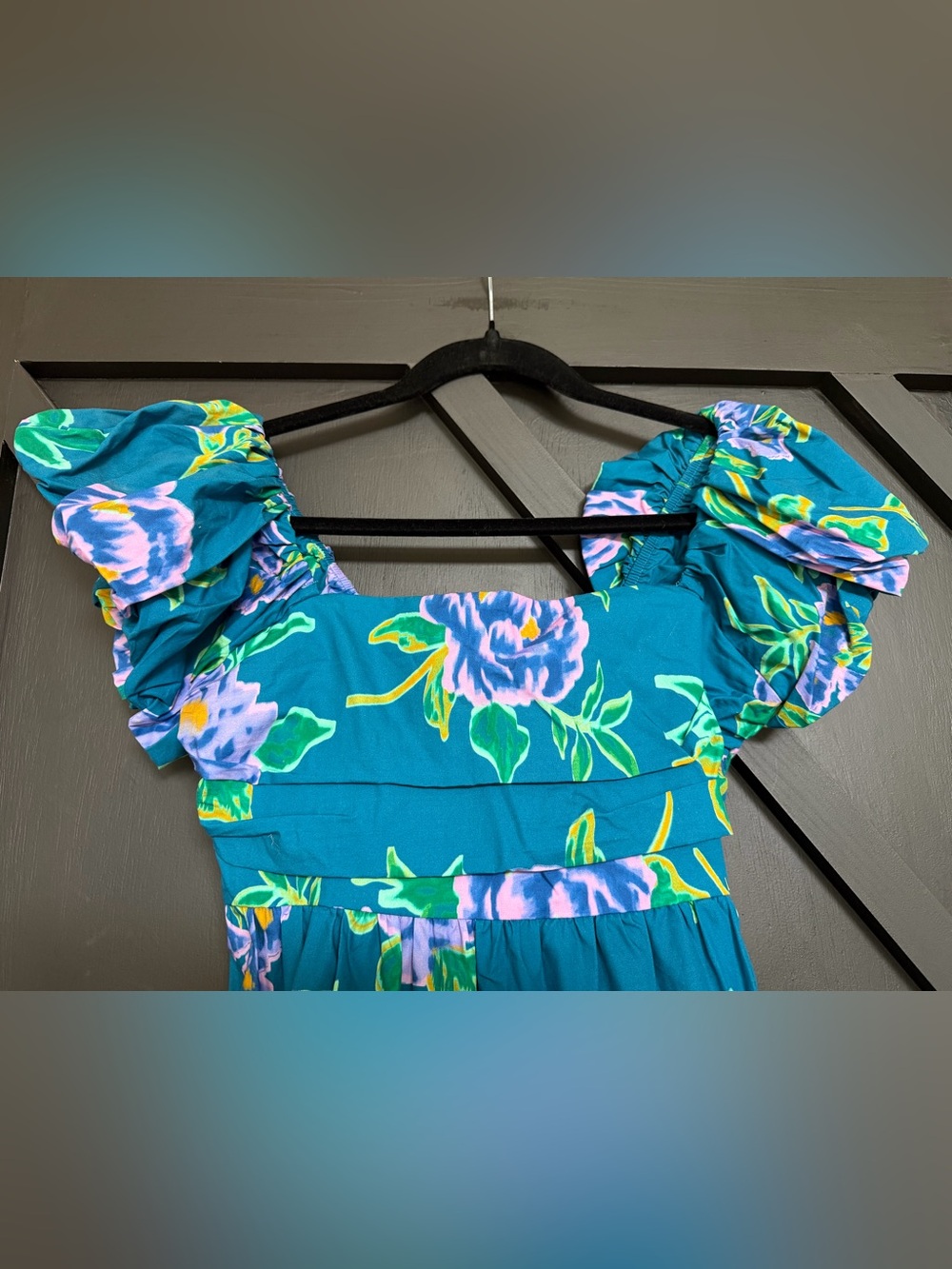 Peach Love Teal Tiered Maxi Dress with Puff Sleeves in Purple Floral, Small - Picture 6 of 11